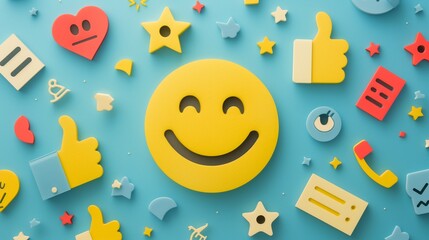 Smiley face surrounded by positive symbols, thumbs-up gestures, stars, and happy emoticons Feedback rating and customer satisfaction, positive experiences and reviews. - obrazy, fototapety, plakaty