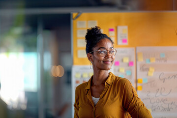 Woman Standing in Front of Professional Bulletin Board at Office Generative AI