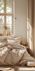 Summer Nordic Interior - Summer Nordic Bed Room Backdrop - Beautiful Bright Bed Room Indoor Background - Summer Nordic Bed Room Design created with Generative AI Technology