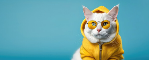 Trendy white cat wearing sunglasses yellow, wearing yellow hooded sweater, hood is put on cat's head, looking into camera, on plain blue background. Advertising concept, business banner. Copy space