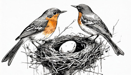 Two robin birds in a nest with an egg. Ink illustration