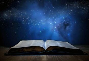 closeup of a bible open and stars and sparkles floating above, galaxies swirl above, deep blues, leave room for text