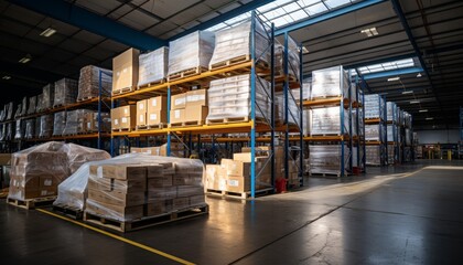 Neat logistics warehouse with shelves and pallets in industrial storage facility