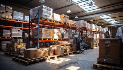 Modern logistics warehouse interior with organized shelves and stacked pallets for storage solutions