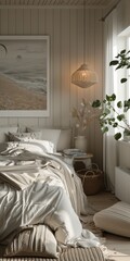Summer Nordic Interior - Summer Nordic Bed Room Backdrop - Beautiful Bright Bed Room Indoor Background - Summer Nordic Bed Room Design created with Generative AI Technology