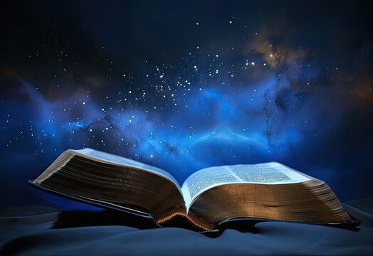 closeup of a bible open and stars and sparkles floating above, galaxies swirl above, deep blues, leave room for text