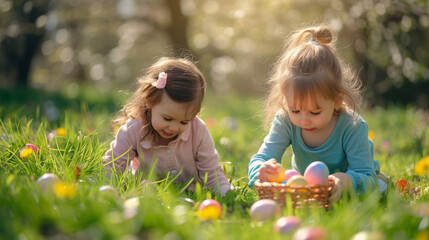 children playing in the grass looking for easter eggs
