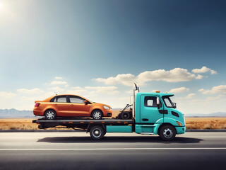 A generic unidentifiable car carried on a towing or recovery breakdown truck moving on the highway for repair or warranty services is imagined as a big banner design with copy space design. - obrazy, fototapety, plakaty