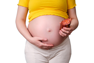 Meat sausage in the hands of a pregnant woman, isolated on a white background