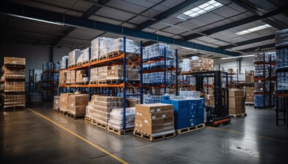 Organized logistics warehouse with shelves and pallets for inventory storage and management