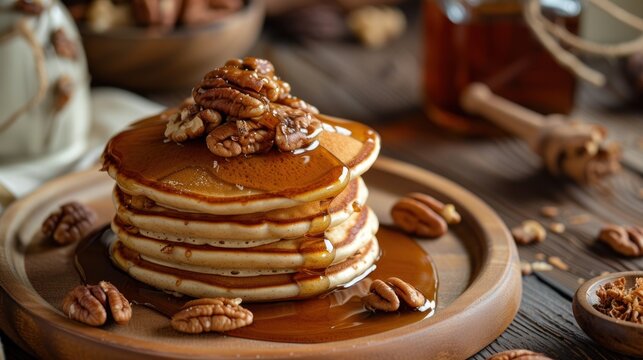 a stack of pancakes sitting on top of a wooden plate covered in syrup and pecans next to a bowl of nuts.