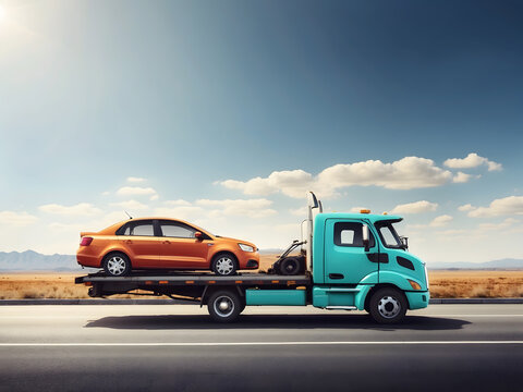 A generic unidentifiable car carried on a towing or recovery breakdown truck moving on the highway for repair or warranty services is imagined as a big banner design with copy space design.