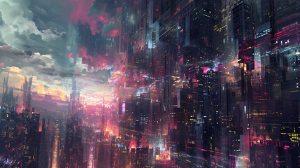 Glitchy cybernetic cityscape, where buildings morph and shift in a mesmerizing display of digital anomalies