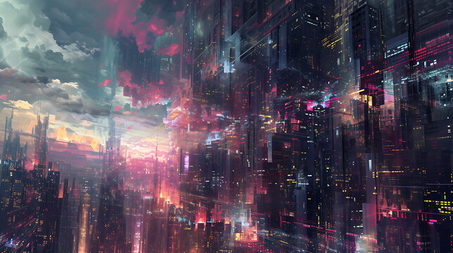 Glitchy cybernetic cityscape, where buildings morph and shift in a mesmerizing display of digital anomalies © thisisforyou