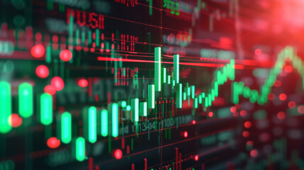 digital graphical representation of a stock market with fluctuating graphs, numerical data, and upward and downward trends, indicating financial analysis or stock trading activity.