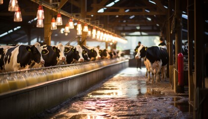 Sunlit farm with cows for dairy and meat production in modern agriculture industry banner. - obrazy, fototapety, plakaty