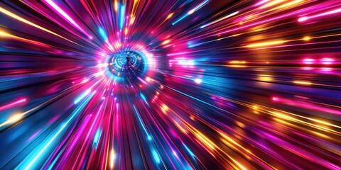 Vibrant neon tunnel pulsating with colorful lines, electrifying journey through a kaleidoscope of light and movement. - obrazy, fototapety, plakaty