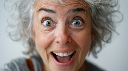 Retrato de una mujer  mayor, sonriente, feliz, sobre fondo rosa claro