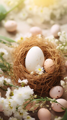 Eggs in nest among white blossoms in spring. Easter greeting card, phone wallpaper