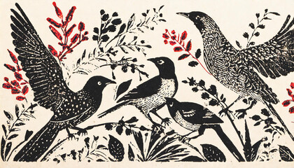 Engraving with birds, black and red ink