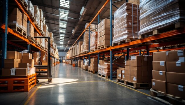 Efficiently arranged logistics warehouse interior with rows of shelves and neatly stacked pallets.