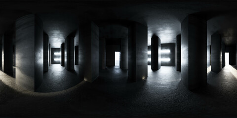 Dark Hallway With a Light at the End 360 panorama vr environment map - obrazy, fototapety, plakaty