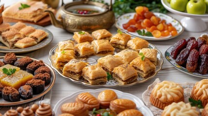 Assorted Traditional Eid al-Fitr dessert, Middle Eastern Sweets on Ornate Silver Platters