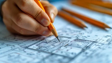 Foto op Canvas Architect Drafting Architectural Plans For An Wallpaper © Stockey