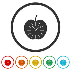 Apple fruit clock icon. Set icons in color circle buttons