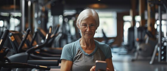female senior in gym with phone at hand