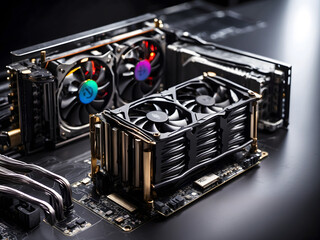 High-performance video gaming fast fps graphics VGA card or board hardware for gamers PC or cryptocurrency mining rigs built as broad banner commercial with copy space area design.