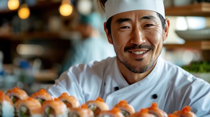A smiling Japanese chef, adorned in traditional attire, gazes warmly into the camera while holding a sushi roll