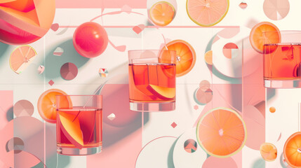 two glasses juice with slices on a pink and white background with circles and circles around them.