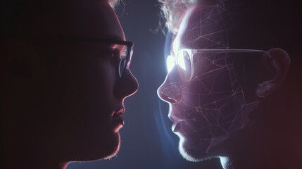 Double exposure portrait of man and man looking at each other in dark