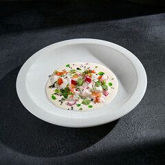Burrata cheese with tomatoes and cilantro on a sleek backdrop; an elegant dish that combines creamy textures with the freshness of herbs
