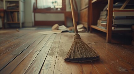 a broom on a wooden floor