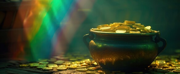 the pot of gold is on the background with a rainbow in it - obrazy, fototapety, plakaty