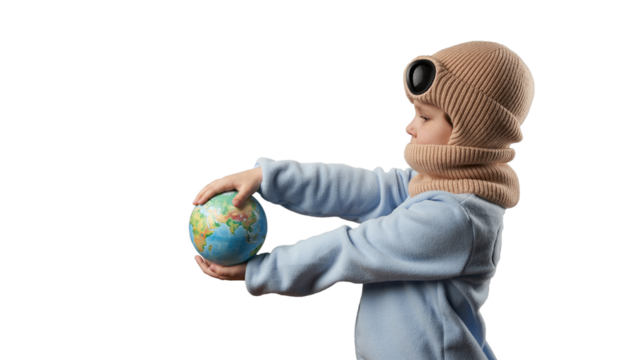  Child in warm goggle hat holding globe on outstretched hands. Png.