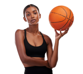 Fitness, portrait and woman with basketball for exercise, wellness and body training. Performance, workout and sports, girl athlete with ball and confidence isolated on transparent png background.