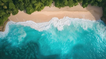 Fototapeten Aerial view of beautiful tropical beach which summer Amazing Sandy coastline and white turquiose sea waves. As Aerial view of white sand beach and water surface texture, foamy waves, generative ai © OP38Studio