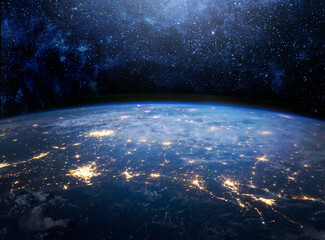 Panoramic view of the Earth, stars and galaxy. Planet Earth, view from space. Space fantasy....