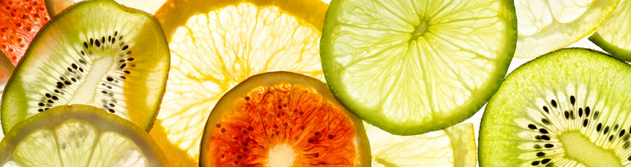 Slices of fruit lie on white. Juicy kiwi, figs, lime, orange and lemon in the light. Concept on the...
