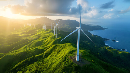 A landscape of a green hill with wind turbines on it, overlooking the ocean.