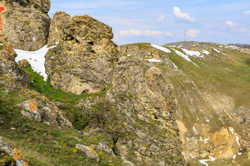 Beautiful landscape with hills and rocks. Background with selective focus and copy space