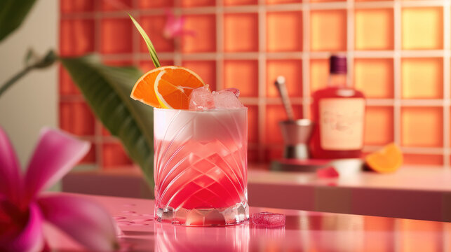 a close up drink on a table with a flower and a bottle lcohol in the back ground.