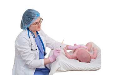Doctor checks the temperature of the newborn baby with a thermometer, isolated on a white background. A nurse in uniform measures the child fever with a thermometer. Kid aged two months