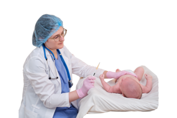 Doctor checks the temperature of the newborn baby with a thermometer, isolated on a white background. A nurse in uniform measures the child fever with a thermometer. Kid aged two months