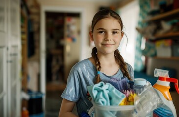 a young girl holding supplies for cleaning at her home