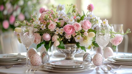 A sophisticated Easter dinner setting, with polished silverware, fine china,