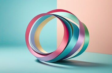 Curved pastel colored satin silk ribbon on colored background. Closeup.